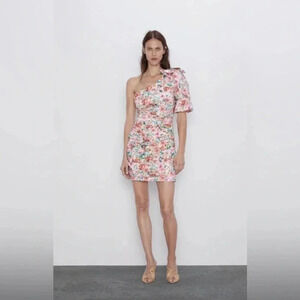Zara One Shoulder‎ Ruched Floral Mini Dress Size Medium